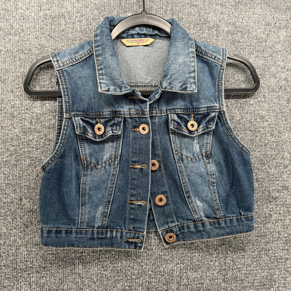 HWY Jeans Vest Jacket Womens S Blue Denim Button Up Sleeveless Crop Western Boho